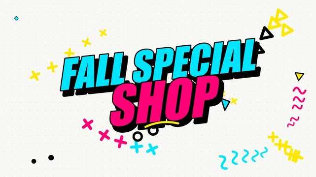 Playful 90s Memphis-style abstract elements pop up all over the screen in bright turquoise, pink, and yellow. The bold, playful text spins into the ce.