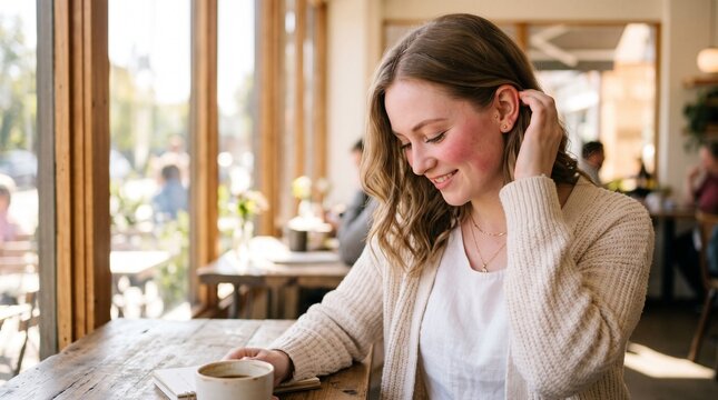 Shy woman with a bashful smile looking down and tucking hair behind her ear, soft sweet expression