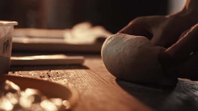 Artisan baker hands shaping fresh bread dough into rolls on rustic wooden table, preparing organic baked goods in private small business bakery kitchen Slow motion