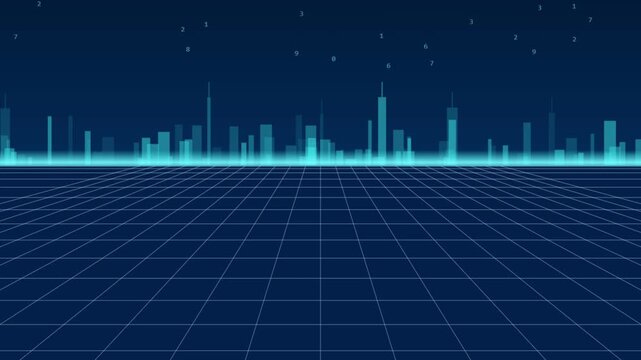 Futuristic digital grid horizon featuring glowing cyber cityscape towers and floating numbers in dark blue