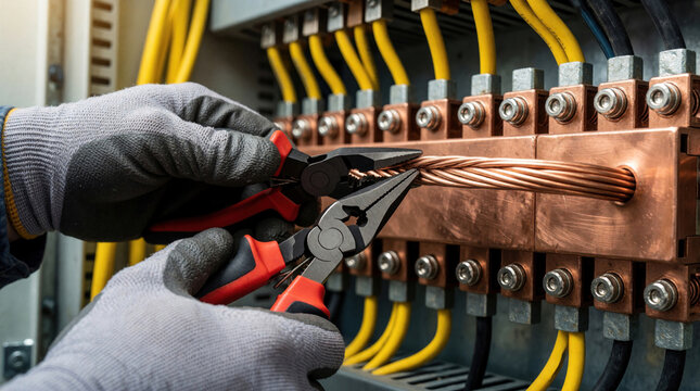 Pro electrician uses pliers to work on copper grounding wire in electrical panel. Technician in protective gloves connects thick metal conductor to busbar. Close up of electrical installation,