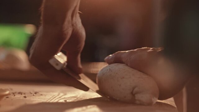 Baker hands shaping dough with scraper for fresh bread rolls preparation on rustic wooden surface in traditional private bakery setting. Slow motion