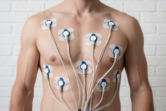 Male patient wears Holter monitor with electrodes on chest. Medical device records ECG heart rhythm, electrical activity for cardiac checkup. Man on continuous 24 hours heart rate monitoring to
