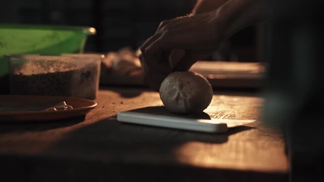 Artisan baker hands shaping fresh dough into bread rolls on rustic wooden table, preparing organic baked goods in private bakery, traditional craft Slow motion