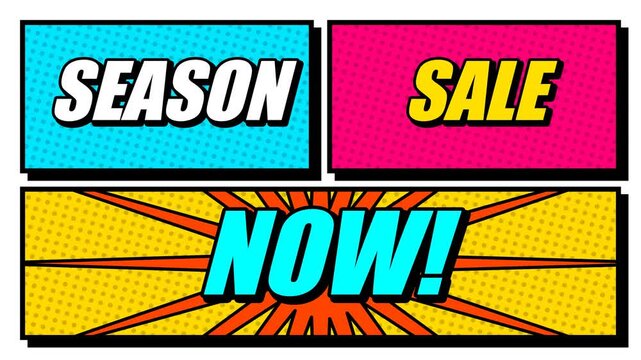 Bold comic book panels snap open in a staggered sequence, revealing punchy pop art text sliding in from opposing directions with sharp, snappy stops.