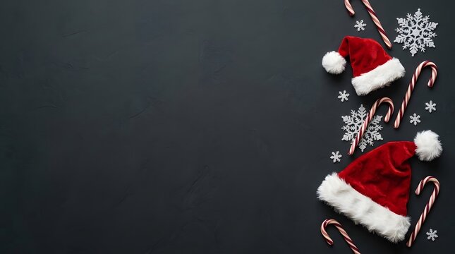 A festive christmas background with santa hats candy canes and snowflakes perfect for holiday greetings and winter celebrations