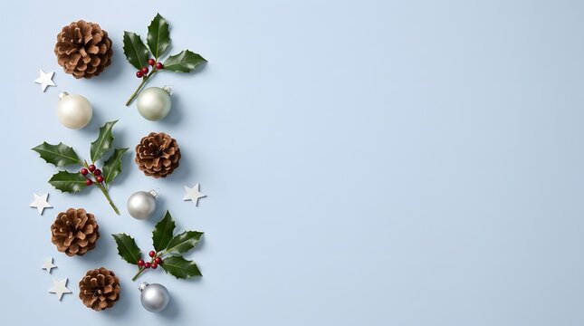 A serene and festive christmas arrangement featuring pinecones ornaments and delicate greenery on a soft light blue backdrop