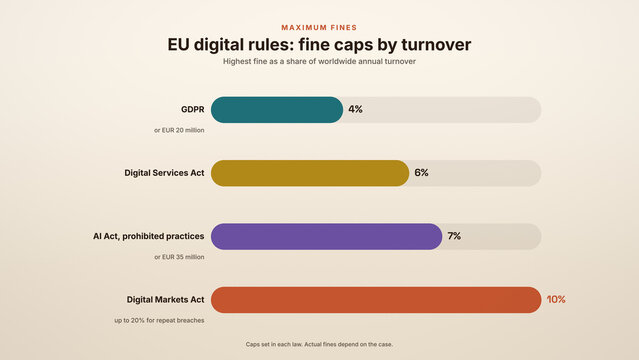 Bar chart of maximum EU digital law fines as a share of worldwide turnover, from GDPR to DMA