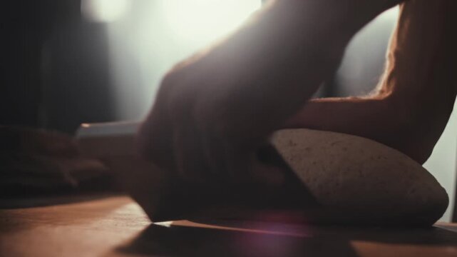 Baker hands shaping dough for bread rolls by hand on wooden counter, scraper, artisanal private bakery, preparation food, culinary, traditional baking process, small business operations. Slow motion