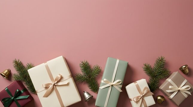 A beautifully styled christmas scene featuring elegantly wrapped gifts against a soft rosy pink backdrop perfect for holiday greetings and celebrations