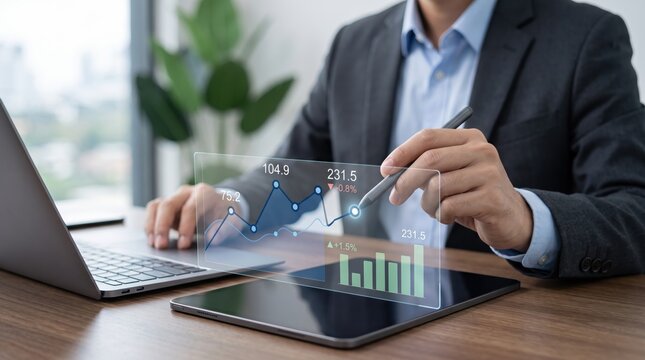 Businessman interacting with futuristic transparent holographic chart interface, financial prediction forecast analysis, stock market data graph, advanced technology presentation
