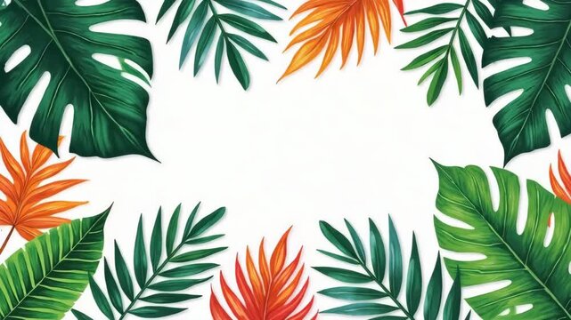 Vibrant tropical leaves in green and orange shades frame a white background, perfect for summer, invitations, presentations, or seasonal design projects. High-resolution botanical illustration.