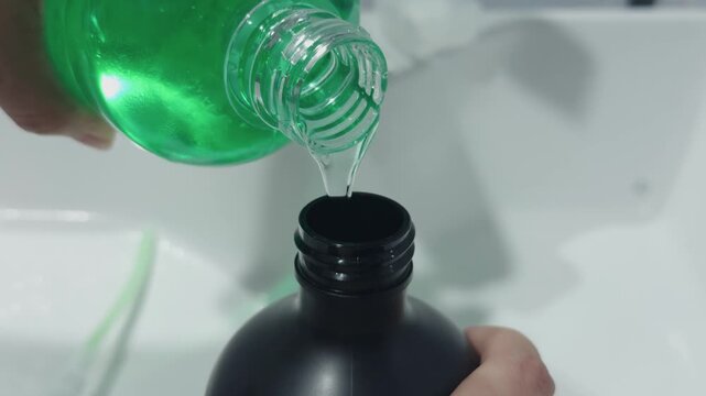 Hand pours clear liquid from green bottle into black bottle on white sink. Careful decanting transfers fluid between containers during simple household cleaning task, as clear fluid flows between