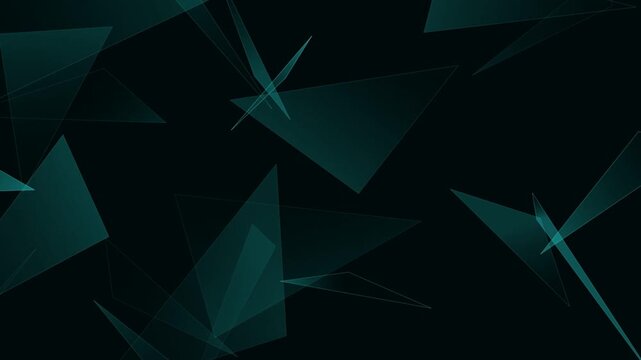 Abstract blue geometric triangles floating slowly across a dark digital cyberspace environment background pattern