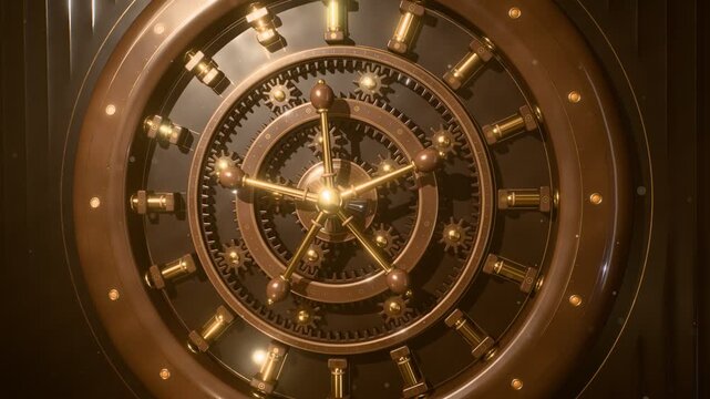 Glazed mocha ceramic bank vault door with gold inlays and counter rotating gears seamless loop