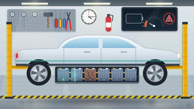 EV battery module replacement in a service garage, electric car repair and diagnostics animation 4K