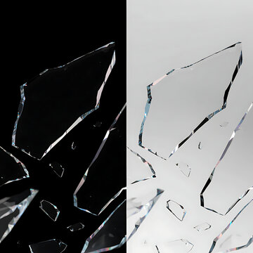Broken glass fragments floating over split black