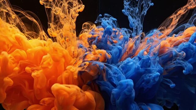 Orange and blue ink clouds billow and mix in liquid against a black background. Abstract fluid motion. Color collision and creative background. Dynamic ink diffusion.