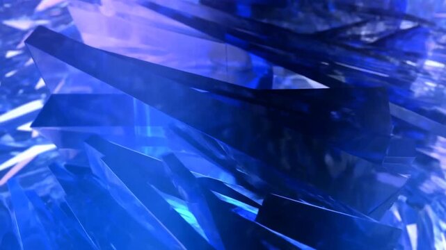 Blue crystal shards create an abstract geometric pattern of bright reflective facets