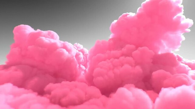 Pink fluffy clouds fill lower scene beneath soft gray sky with light glow