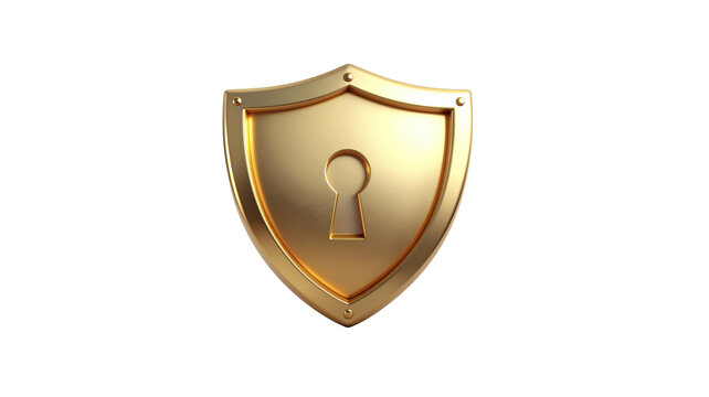 Golden 3D security shield with keyhole isolated on transparent background privacy protection icon.