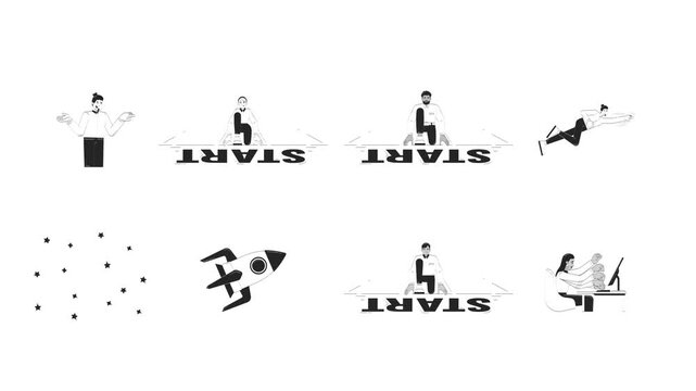 Career productivity and diverse office workers black and white doodle animation pack. Anxious multitasking. Rocket flying. Professional ambition start animated outline 4K video set on transparent