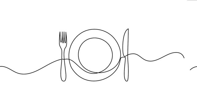 Continuous line art plate fork and knife cutlery animation loop