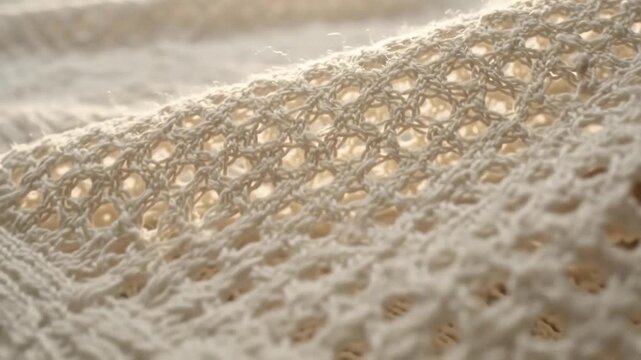 Close up of a warm beige knitted blanket texture with an intricate openwork pattern, soft handmade woolen fabric background for cozy winter decor