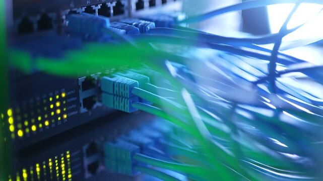 Rows of server racks with bundles of cables. Data centre and crypto mining hardware