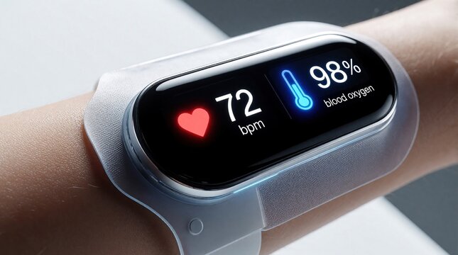 Smart wearable health monitor on human wrist shows heart rate 72 bpm, 98 percent blood oxygen level. Digital fitness tracker displays vital signs, pulse, SpO2 data. Modern tech device measures