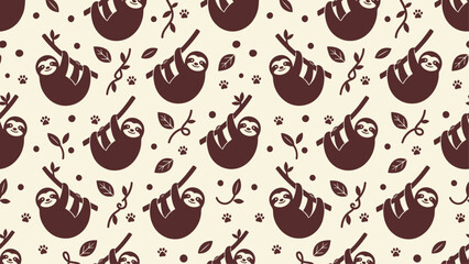 Seamless pattern of cute cartoon sloths hanging on tree branches with leaves, vines, and paw prints. Minimalist brown and cream wildlife illustration for textiles and backgrounds. © Chasan Art