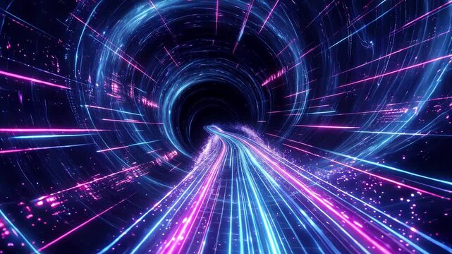 Futuristic cyber tunnel accelerating high-speed information transfer through glowing neon optical tracks. Forward camera movement traveling along cybernetic vortex.