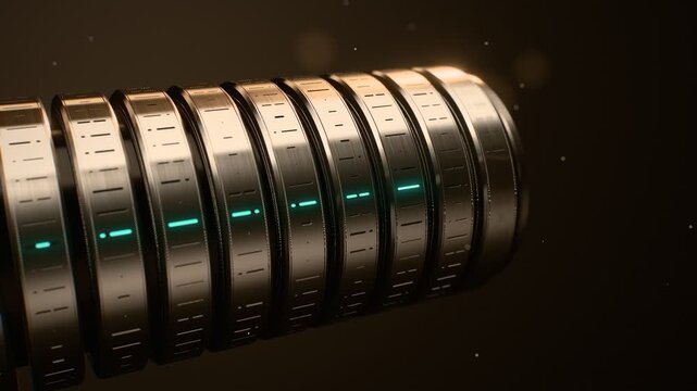 Brushed titanium cipher wheel stack turning in sequence with teal tick marks aligning in a row slow dolly
