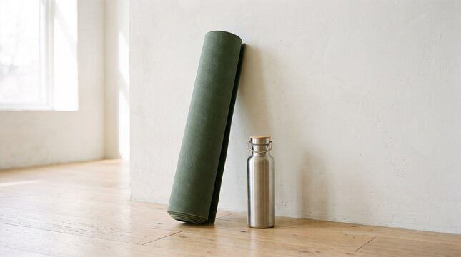 Green yoga mat and stainless steel water bottle leaning against a white wall in a bright room with wooden floor
