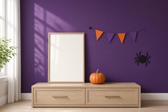 Bright purple wall showcases empty frame, vibrant pumpkin, playful spider decoration, festive atmosphere