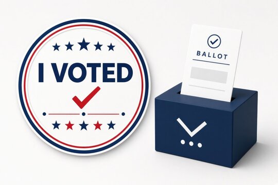 I voted round badge with stars next to navy ballot box and checked ballot paper