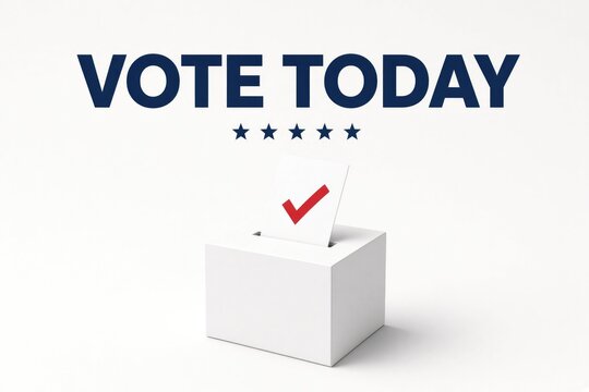 Vote today banner with red checkmark ballot in white box on clean white background