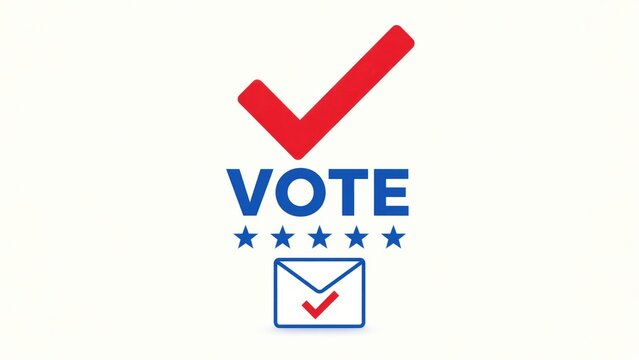 Vote icon with red checkmark, blue stars and envelope for mail voting on white