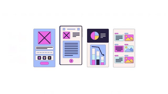 Mobile app wireframes changing inside smartphone screen 2D cartoon animation. Responsive design prototypes. Dynamic UI UX layouts animated flat colorful element 4K video on transparent background