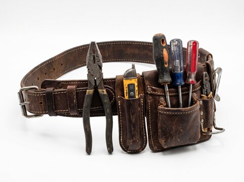 Leather Tool Belt Filled With Assorted Hand Tools Including Pliers Screwdrivers and Voltage Tester
