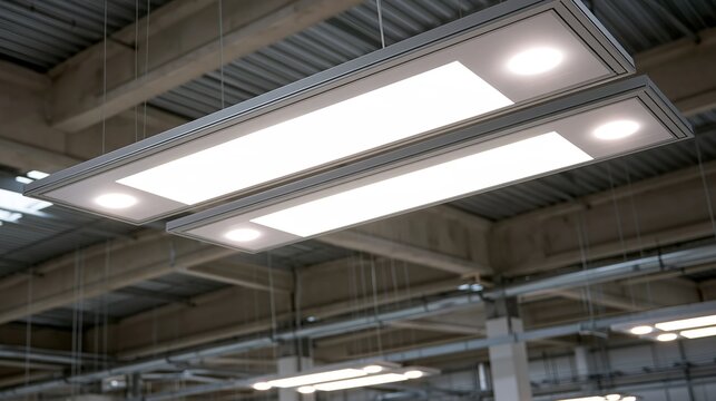 Modern industrial LED ceiling light fixtures providing bright illumination in a warehouse or factory setting