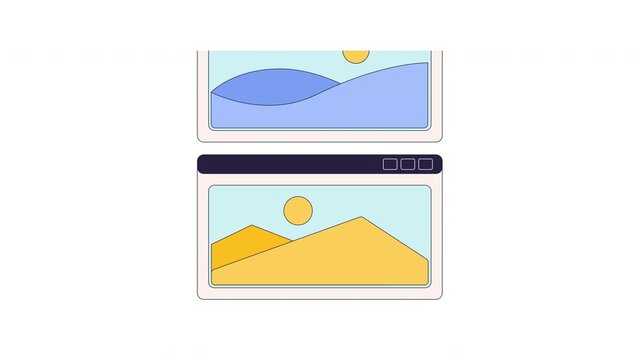 Swiping up browser image placeholders with nature landscape previews 2D cartoon animation. UX prototyping. Web interface windows scrolling upward animated flat 4K video on transparent background
