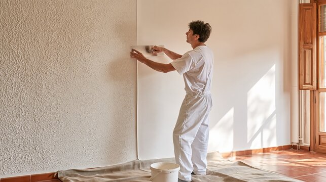 Young man in white overalls carefully applying wallpaper to a textured wall in a sunlit room