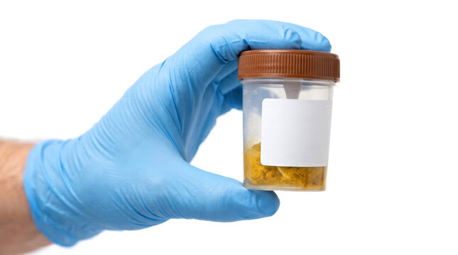 Laboratory Technician in Blue Nitrile Glove Holding a Medical Stool Specimen Collection Container with Brown Cap and Sample Isolated on White Background for Clinical Pathology and Testing