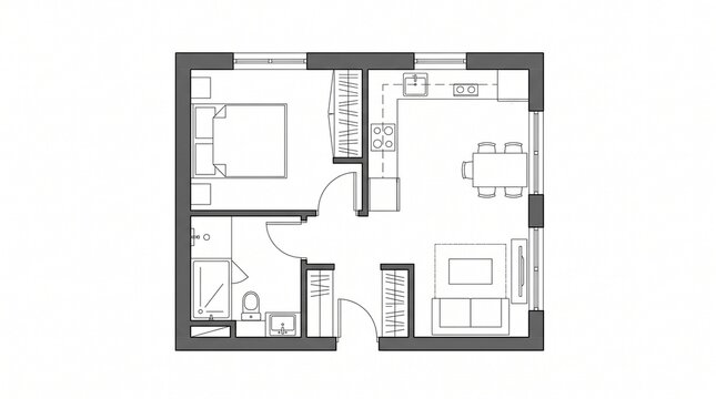 Modern architectural floor plan of a one bedroom apartment, minimalist house layout with furniture, technical drawing of a small studio flat
