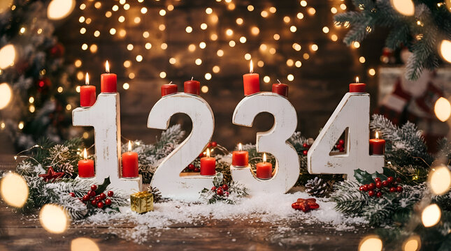 Erster Advent Kerzen mit Zahlen decorate weihnachten Avante schnee holz hintergrund lichter bokeh / first sunday advent