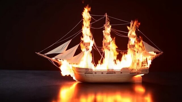 Wooden model sailing ship with cream sails displayed on dark reflective surface