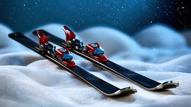Two black skis with red and blue bindings rest parallel on a snowy slope as flakes fall
