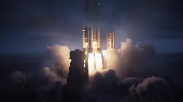 Large rocket on launch pad ignites engines and lifts off in dark blue dusk with billowing smoke