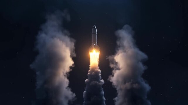 Missile launching through smoke plumes against dark night sky with stars